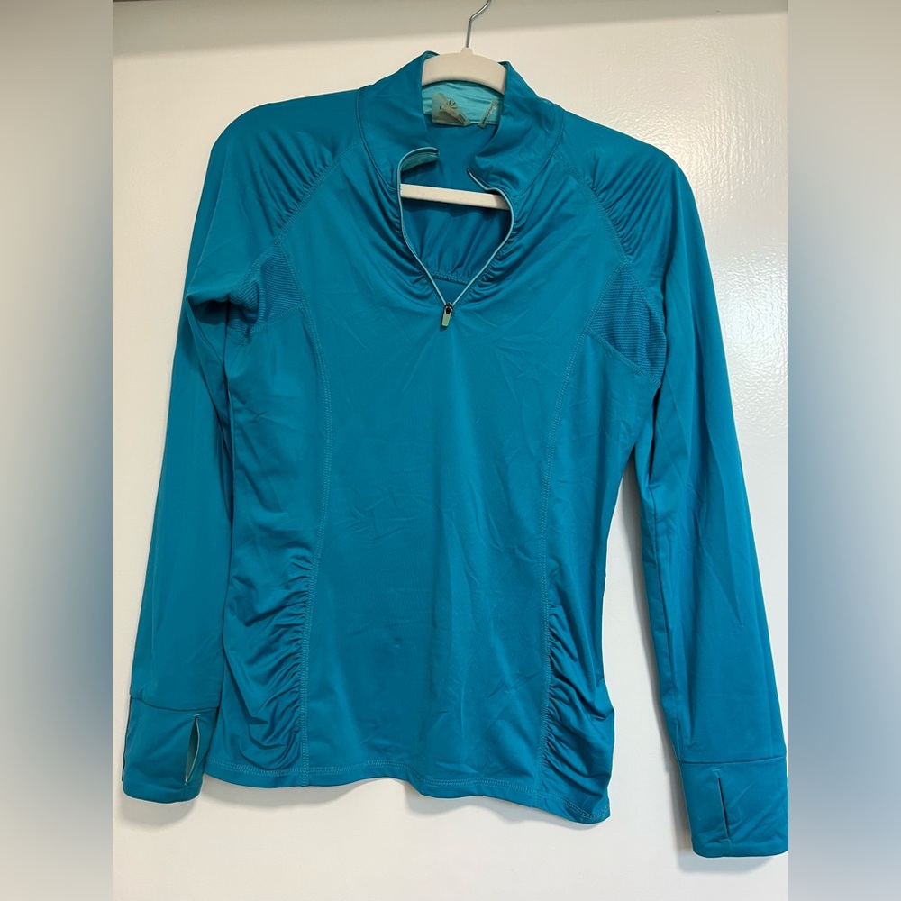 Athleta bright blue ruched long sleeve workout shirt with thumb holes
